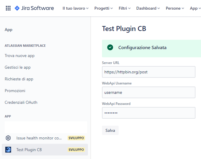 pagina configurazione plugin jira
